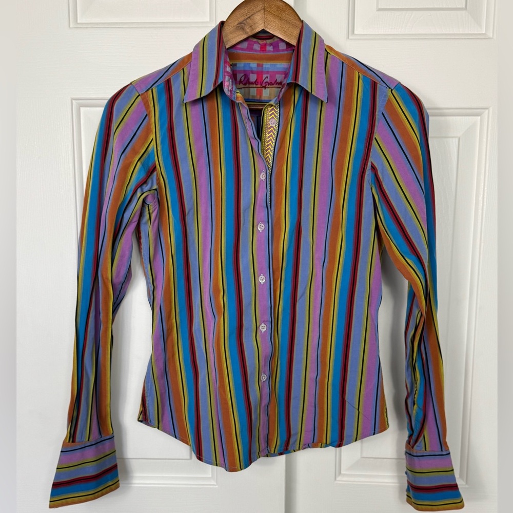 Robert Graham Women Size 4 Boho Striped Button‎ Down Sutton Shirt EUC